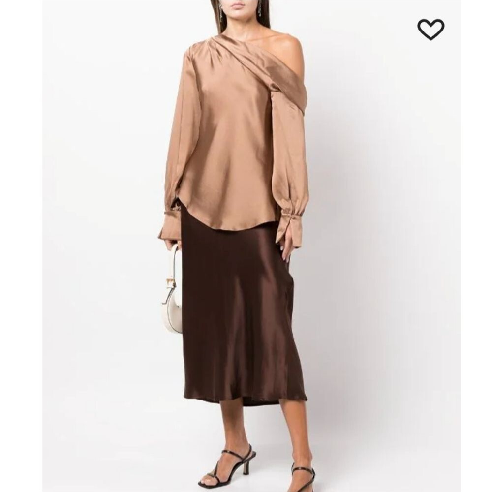 Jonathan Simkhai Alice Satin One-Shoulder Long Sleeve Blouse Size Small Latte
